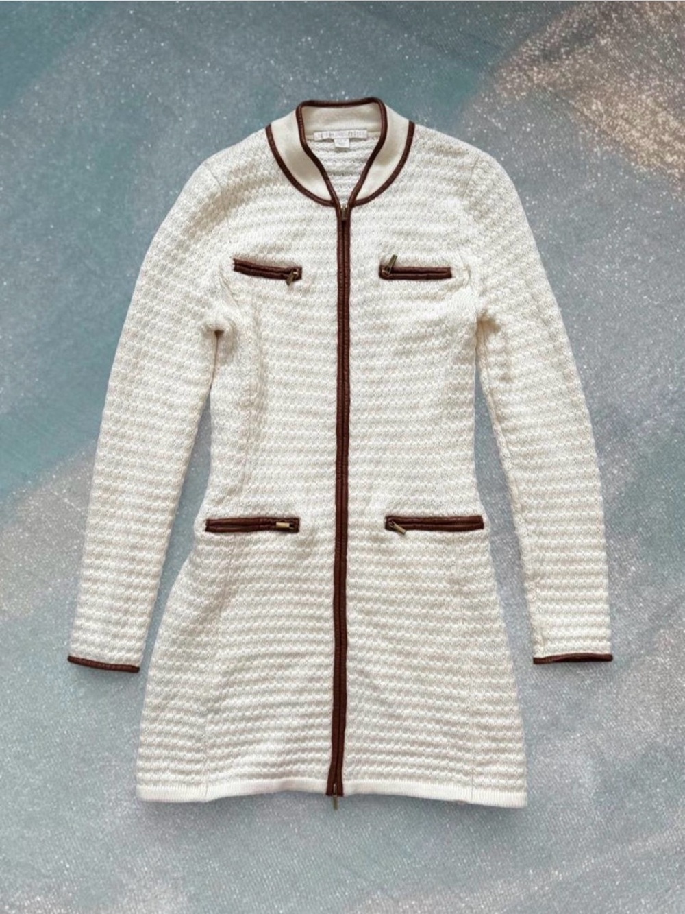 2010s Ivory Wool Blend Coatigan Boston Proper Faux Leather Trim Preppy Old Money
